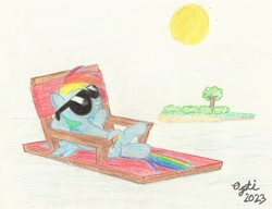 Size: 2530x1948 | Tagged: safe, artist:opti, rainbow dash, pegasus, pony, g4, atg 2023, island, lake, lying down, newbie artist training grounds, on back, solo, sun, sunglasses, traditional art, tree, water