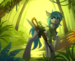 Size: 3429x2812 | Tagged: safe, artist:chamommile, oc, oc only, oc:midnight dagger, bat pony, pegasus, pony, blue eyes, blue hair, clothes, commission, dragunov, ear piercing, female, forest background, full body, green background, gun, high res, jungle, looking back, mare, pegasus oc, piercing, plants, rifle, simple background, sniper, sniper rifle, solo, svd, weapon, ych result