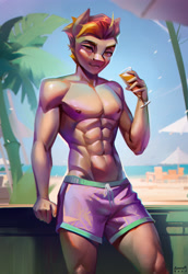 Size: 2247x3272 | Tagged: safe, artist:annna markarova, oc, oc:bombora, anthro, abs, beach, drink, equine, high res, male, male oc, muscles, solo, swimming trunks, swimsuit