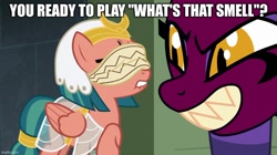 Size: 888x499 | Tagged: safe, edit, edited screencap, screencap, somnambula, the sphinx, daring done?, g4, my little pony: friendship is magic, blindfold, caption, image macro, text