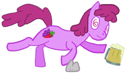 Size: 3055x1789 | Tagged: safe, artist:wissle, berry punch, berryshine, earth pony, pony, g4, alcohol, atg 2023, beer, dropping, drunk, falling, female, go home you're drunk, mare, mug, newbie artist training grounds, rock, simple background, solo, stumbling, swirly eyes, transparent background