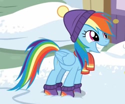 Size: 865x722 | Tagged: safe, screencap, rainbow dash, pegasus, pony, g4, my little pony best gift ever, beanie, clothes, cropped, cute, dashabetes, excited, female, folded wings, hat, mare, scarf, smiling, snow, solo, wings, winter outfit