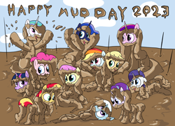 Size: 3600x2600 | Tagged: safe, alternate version, artist:amateur-draw, applejack, fluttershy, pinkie pie, princess cadance, princess celestia, princess luna, rainbow dash, rarity, twilight sparkle, alicorn, earth pony, pegasus, pony, unicorn, g4, covered in mud, female, high res, mane six, mare, mud, mud bath, mud play, mud pony, muddy, rarity loves mud, twilight sparkle (alicorn), wet and messy