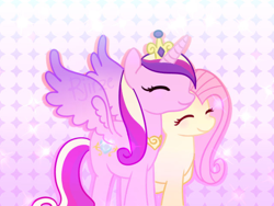 Size: 640x480 | Tagged: safe, artist:rjire, fluttershy, princess cadance, alicorn, pegasus, pony, g4, colored wings, crack shipping, cute, cutedance, duo, female, flutterdance, gradient wings, infidelity, lesbian, nuzzling, princess cheatdance, shipping, shyabetes, wings