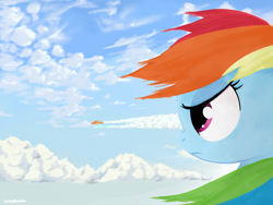Size: 4000x3000 | Tagged: safe, artist:widelake, rainbow dash, pegasus, pony, g4, cloud, contrail, loose hair, scenery, side view, sky, wind, wonderbolts