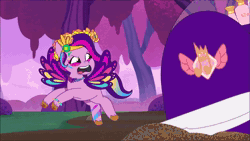 Size: 1920x1080 | Tagged: safe, screencap, pipp petals, pegasus, pony, raccoon, raccoonicorn, bridlewoodstock (tell your tale), g5, my little pony: tell your tale, spoiler:g5, spoiler:my little pony: tell your tale, spoiler:tyts01e55, animated, charge, cookie, covered in mud, crying, cup, fail, female, flying, food, forest, male, mare, mud, muddy pipp, puffy cheeks, pushing, solo, sound, supplies, teacup, tree, wagon, webm