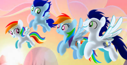 Size: 1980x1020 | Tagged: safe, artist:mlplary6, rainbow dash, soarin', oc, oc:blue skies, oc:speedy dash, pegasus, pony, g4, colt, family, female, filly, flying, foal, husband and wife, looking at each other, looking at someone, male, mare, offspring, parent:rainbow dash, parent:soarin', parents:soarindash, ship:soarindash, shipping, sky, smiling, smiling at each other, stallion, straight, sunset