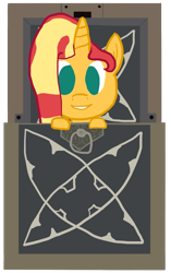Size: 1695x2695 | Tagged: safe, artist:wissle, sunset shimmer, pony, unicorn, g4, atg 2023, box, cube, diablo (series), diablo ii, female, horadric cube, mare, newbie artist training grounds, pony in a box, simple background, solo, transparent background