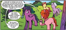 Size: 1334x611 | Tagged: safe, artist:pineapplestogo, idw, columbia (g5), peony (g5), earth pony, pegasus, pony, unicorn, g5, my little pony: bridlewoodstock, spoiler:comic, spoiler:g5, spoiler:g5comic, bracelet, dialogue, dreadlocks, duo focus, female, jewelry, mare, necklace, speech bubble, unnamed character, unnamed pony, unshorn fetlocks