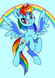 Size: 1448x2048 | Tagged: safe, artist:stacy_165cut, rainbow dash, pegasus, pony, g4, blue background, cyan background, flying, grin, rainbow, simple background, smiling, solo, spread wings, wings