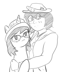Size: 1567x1825 | Tagged: safe, oc, oc only, human, pony, unicorn, /mlp/, /mlp/-tan, duo, female, glasses, grayscale, hat, horn, human female, human ponidox, humanized, mare, monochrome, pixiv, ponified, self paradox, self ponidox, simple background, unicorn oc, white background