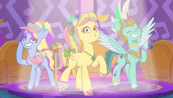 Size: 640x360 | Tagged: safe, screencap, fifi (g5), posey bloom, thunder flap, earth pony, pegasus, pony, bridlewoodstock (tell your tale), g5, my little pony: tell your tale, spoiler:g5, spoiler:my little pony: tell your tale, spoiler:tyts01e55, animated, eyeshadow, female, makeup, male, mare, mohawk, pegasus royal guard, raised hoof, royal guard, smiling, spotlight, spread wings, stallion, trio, when she smiles, wings