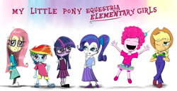 Size: 4300x2220 | Tagged: safe, artist:chopsticks, applejack, fluttershy, pinkie pie, rainbow dash, rarity, sci-twi, twilight sparkle, human, equestria girls 10th anniversary, equestria girls, g4, adoracreepy, bandage, bow, braces, child, clothes, creepy, cute, female, floating eyebrows, gap teeth, glasses, gold tooth, hair bow, hands behind back, hat, humane five, humane six, jumping, looking at you, one eye closed, overalls, pigtails, ponytail, scuff mark, shoes, shorts, skirt, smiling, smoldash, stray strand, text, wink, younger