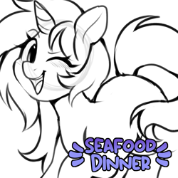Size: 829x828 | Tagged: safe, artist:stablegrass, oc, oc only, oc:seafood dinner, pony, unicorn, female, horn, looking at you, mare, one eye closed, open mouth, open smile, simple background, smiling, solo, unicorn oc, white background, wink