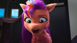 Size: 2160x1215 | Tagged: safe, screencap, sunny starscout, earth pony, pony, g5, my little pony: make your mark, my little pony: make your mark chapter 4, sunny side up, spoiler:g5, spoiler:my little pony: make your mark, spoiler:my little pony: make your mark chapter 4, spoiler:mymc04e04, angry, blurry background, canterlove studios, cute, depth of field, drink, ear fluff, eyebrows, female, indoors, mane stripe sunny, mare, maretime bay, messy, open mouth, smoothie, sunnybetes, teeth
