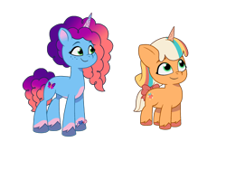 Size: 2048x1536 | Tagged: safe, artist:caseyben887, misty brightdawn, peach fizz, pony, unicorn, g5, my little pony: tell your tale, spoiler:g5, spoiler:my little pony: tell your tale, bahia watson, bracelet, duo, female, filly, foal, friendship bracelet, jewelry, mare, pippsqueaks, rebirth misty, simple background, smiling, transparent background, voice actor joke
