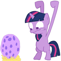 Size: 2417x2398 | Tagged: safe, artist:wissle, twilight sparkle, pony, unicorn, g4, the cutie mark chronicles, atg 2023, bipedal, dragon egg, egg, female, filly, filly twilight sparkle, foal, high res, long legs, nervous, newbie artist training grounds, simple background, solo, spike's egg, transparent background, unicorn twilight, wide eyes, younger