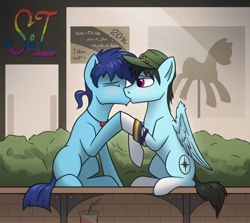 Size: 1920x1715 | Tagged: safe, artist:tsswordy, oc, oc only, oc:leo hawk, oc:swordy, earth pony, pegasus, pony, blushing, bush, duo, gay, gay kiss, hat, heart, kiss on the lips, kissing, male, mall, pride month, romantic, stallion, wings