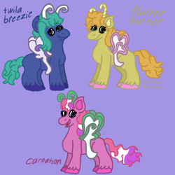 Size: 1000x1000 | Tagged: safe, artist:mintwhistle, oc, oc only, oc:carnation, oc:flutter butter, oc:twila breezie, breezie, g5, antennae, breezie oc, colored hooves, eyelashes, female, g5 oc, male, medibang paint, not zipzee, open mouth, open smile, smiling, trio, unshorn fetlocks