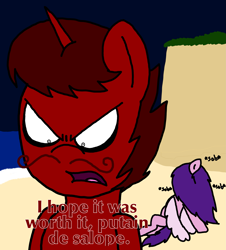 Size: 3023x3351 | Tagged: safe, artist:professorventurer, pipp petals, oc, oc:enrique, pegasus, pony, unicorn, series:ask pippamena: bonus content, g5, angry, beach, crying, dialogue, high res, ocean, pippamena, primrose petals, shore, sobbing, talking, water