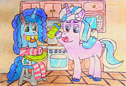 Size: 1945x1330 | Tagged: safe, artist:bitter sweetness, misty brightdawn, opaline arcana, alicorn, pony, unicorn, g5, abdl, baby bottle, baby food, blue eyes, chair, clothes, colored background, diaper, diaper fetish, feeding, fetish, graph paper, green eyes, hooves, kitchen, microwave, non-baby in diaper, open mouth, pacifier, socks, stove, striped socks, traditional art, wood
