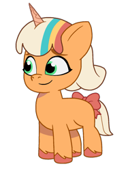 Size: 1213x1617 | Tagged: safe, artist:caseyben887, peach fizz, pony, unicorn, clip trot, g5, my little pony: tell your tale, spoiler:g5, spoiler:my little pony: tell your tale, spoiler:tyts01e07, bow, female, filly, foal, pippsqueaks, simple background, smiling, solo, tail, tail bow, transparent background