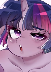 Size: 831x1175 | Tagged: safe, artist:potetecyu_to, twilight sparkle, unicorn, anthro, g4, ahegao, close-up, crying, drool, eyebrows, eyebrows visible through hair, faic, female, mare, open mouth, solo, teary eyes, unicorn twilight