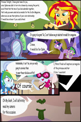 Size: 800x1200 | Tagged: safe, photo finish, rainbow dash, spike, sunset shimmer, twilight sparkle, alicorn, human, equestria girls, g4, book, bra, clothes, comic, dialogue, diary, excited, laughing, loincloth, magic mirror, mirror, this will end in laughs, twilight sparkle (alicorn), underwear, vector