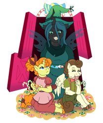 Size: 3343x3998 | Tagged: safe, artist:faitheverlasting, pound cake, pumpkin cake, queen chrysalis, changeling, changeling queen, pegasus, unicorn, anthro, unguligrade anthro, g4, baba yaga, cake twins, candy, candy cane, evil smile, fairy tale, female, food, grin, hansel and gretel, high res, male, sharp teeth, siblings, simple background, smiling, teeth, transparent background, trio, twins, witch