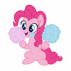 Size: 900x900 | Tagged: safe, artist:spookitty, pinkie pie, earth pony, pony, g4, animated, belly, cotton candy, eating, female, gif, nom, pony tale adventures, simple background, sitting, smiling, solo, white background