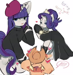Size: 1974x2048 | Tagged: safe, artist:altyn, applejack, rarity, earth pony, pony, unicorn, g4, applejack's hat, beatnik rarity, beret, blushing, clothes, cowboy hat, dress, drool, duo, female, hat, heart, jewelry, lesbian, mare, ship:rarijack, shipping, simple background, sketch, smiling, sweater, white background