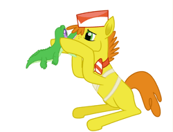 Size: 1895x1447 | Tagged: safe, artist:spookitty, carrot cake, gummy, alligator, earth pony, pony, g4, animated, apron, biting, clothes, hat, male, pet, simple background, stallion, stuck, stuck together, white background