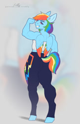 Size: 713x1100 | Tagged: safe, artist:evehly, rainbow dash, pegasus, anthro, unguligrade anthro, g4, ass, bicep flex, butt, clothes, colored wings, ear piercing, earring, eyebrow piercing, female, flexing, grin, jewelry, leggings, looking at you, looking back, looking back at you, multicolored wings, muscles, muscular female, nose piercing, piercing, rainbow wings, rainbuff dash, rainbutt dash, rear view, smiling, solo, sports bra, tail, tail hole, tomboy, wings