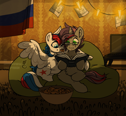 Size: 1708x1569 | Tagged: safe, artist:moonscream desepticon, oc, oc only, oc:marussia, oc:morozov, pegasus, pony, unicorn, book, clothes, computer, cookie, couch, female, flag, food, glasses, laptop computer, male, mare, nation ponies, ponified, russia, stallion, wings