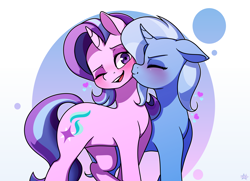 Size: 3320x2400 | Tagged: safe, artist:alexsc112, starlight glimmer, trixie, pony, unicorn, g4, blushing, cheek kiss, cute, duo, duo female, eyes closed, female, high res, horn, kissing, lesbian, mare, one eye closed, open mouth, redraw, ship:startrix, shipping