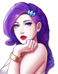 Size: 2226x2809 | Tagged: safe, artist:xiaowu07, rarity, human, g4, bare shoulders, eyeshadow, female, high res, humanized, jewelry, makeup, simple background, solo, white background