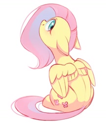 Size: 891x1032 | Tagged: safe, artist:melodylibris, fluttershy, pegasus, pony, g4, cute, ears back, female, floppy ears, looking at you, looking back, looking back at you, mare, partially open wings, rear view, shyabetes, simple background, sitting, smiling, solo, three quarter view, white background, wings