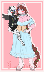 Size: 964x1579 | Tagged: safe, artist:luna_mcboss, oc, oc only, oc:double stuff, oc:yamire, anthro, unguligrade anthro, anthro oc, blue eyes, blushing, brown hair, clothes, corset, dress, duo, feathered fetlocks, feathered wings, female, glasses, gray coat, hair tie, height difference, jacket, lesbian, long hair, mottled coat, oc x oc, pink background, pink coat, round glasses, shipping, simple background, size difference, tall, white hair, wings