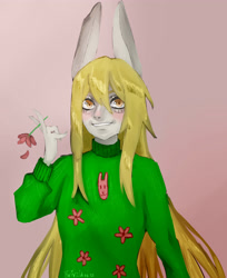 Size: 3270x4000 | Tagged: safe, artist:twivela, rabbit, anthro, animal, bunny ears, female, gradient background, mare, solo