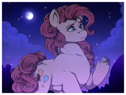 Size: 1280x960 | Tagged: safe, artist:binibean, pinkie pie, earth pony, pony, g4, female, full moon, hoof hold, looking at something, mare, moon, night, rock, solo