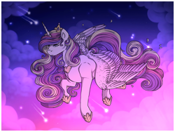 Size: 1280x960 | Tagged: safe, artist:binibean, princess cadance, pegasus, pony, g4, cloud, female, flying, mare, night, shooting star, solo