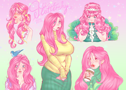 Size: 4200x3000 | Tagged: safe, artist:pupaprimeedition, fluttershy, bird, human, g4, big breasts, big lips, breasts, busty fluttershy, clothes, dress, drink, drinking, eyes closed, female, gala dress, gradient background, high res, huge breasts, humanized, modelshy, solo, sweater, sweatershy