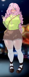 Size: 2000x5300 | Tagged: safe, artist:pupaprimeedition, fluttershy, human, g4, big breasts, blushing, breasts, busty fluttershy, carnival, cellphone, clothes, erect nipples, eye clipping through hair, female, high res, humanized, kneesocks, miniskirt, night, nipple outline, phone, skirt, smartphone, socks, solo, thigh highs, thigh socks