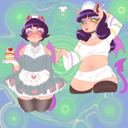 Size: 2000x2000 | Tagged: safe, artist:pupaprimeedition, oc, oc only, succubus, succubus pony, anthro, belly button, breasts, choker, chubby, cleavage, clothes, dessert, high res, maid, midriff, solo, spaded tail, stockings, succubus oc, tail, thigh highs