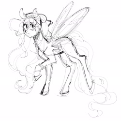 Size: 2048x2048 | Tagged: safe, artist:cartoonssams, fluttershy, pegasus, pony, g4, alternate design, female, grayscale, high res, mare, monochrome, raised hoof, simple background, sketch, solo, spread wings, white background, wings