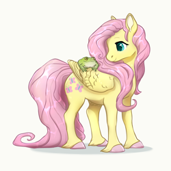 Size: 2800x2800 | Tagged: safe, artist:smolgwennie, fluttershy, frog, pegasus, pony, g4, beige background, colored hooves, colored pinnae, cute, female, folded wings, full body, high res, long feather, looking at something, looking back, mare, shiny mane, shiny tail, shyabetes, simple background, solo, standing, turned head, unshorn fetlocks, wings