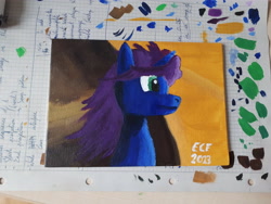 Size: 4608x3456 | Tagged: safe, artist:sapphie, oc, oc only, oc:crystal dew, pony, unicorn, fanfic:fallout equestria - to bellenast, acrylic painting, blue coat, desert, female, green eyes, painting, purple mane, signature, solo, traditional art, wind