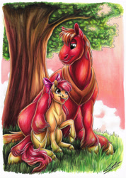 Size: 2479x3474 | Tagged: safe, artist:lupiarts, apple bloom, big macintosh, earth pony, pony, brotherhooves social, g4, adorabloom, bow, brother and sister, copic, cute, duo, female, filly, foal, hair bow, high res, horse collar, hug, macabetes, male, marker drawing, nature, scene interpretation, siblings, side hug, stallion, sunset, traditional art, tree, wholesome