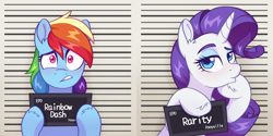 Size: 5000x2500 | Tagged: safe, artist:skysorbett, rainbow dash, rarity, pegasus, pony, unicorn, g4, barbie, barbie (film), barbie mugshot meme, duckface, duo, duo female, eyeshadow, female, high res, makeup, mare, meme, mugshot