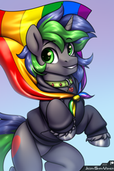 Size: 2000x3000 | Tagged: safe, artist:jedayskayvoker, oc, oc:sparky starfall, pony, unicorn, bust, cape, clothes, collar, cute, gradient background, green eyes, halfbody, high res, hoodie, horn, lgbt, long mane, long mane male, looking at you, male, portrait, pride, pride flag, pride month, raised eyebrows, smiling, smiling at you, solo, stallion, unicorn oc, unshorn fetlocks